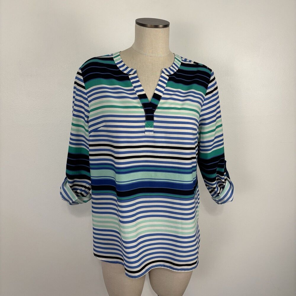 Talbots Blue Striped Long Roll Tab Sleeve VNeck Nautical Tunic Blouse Womens LP